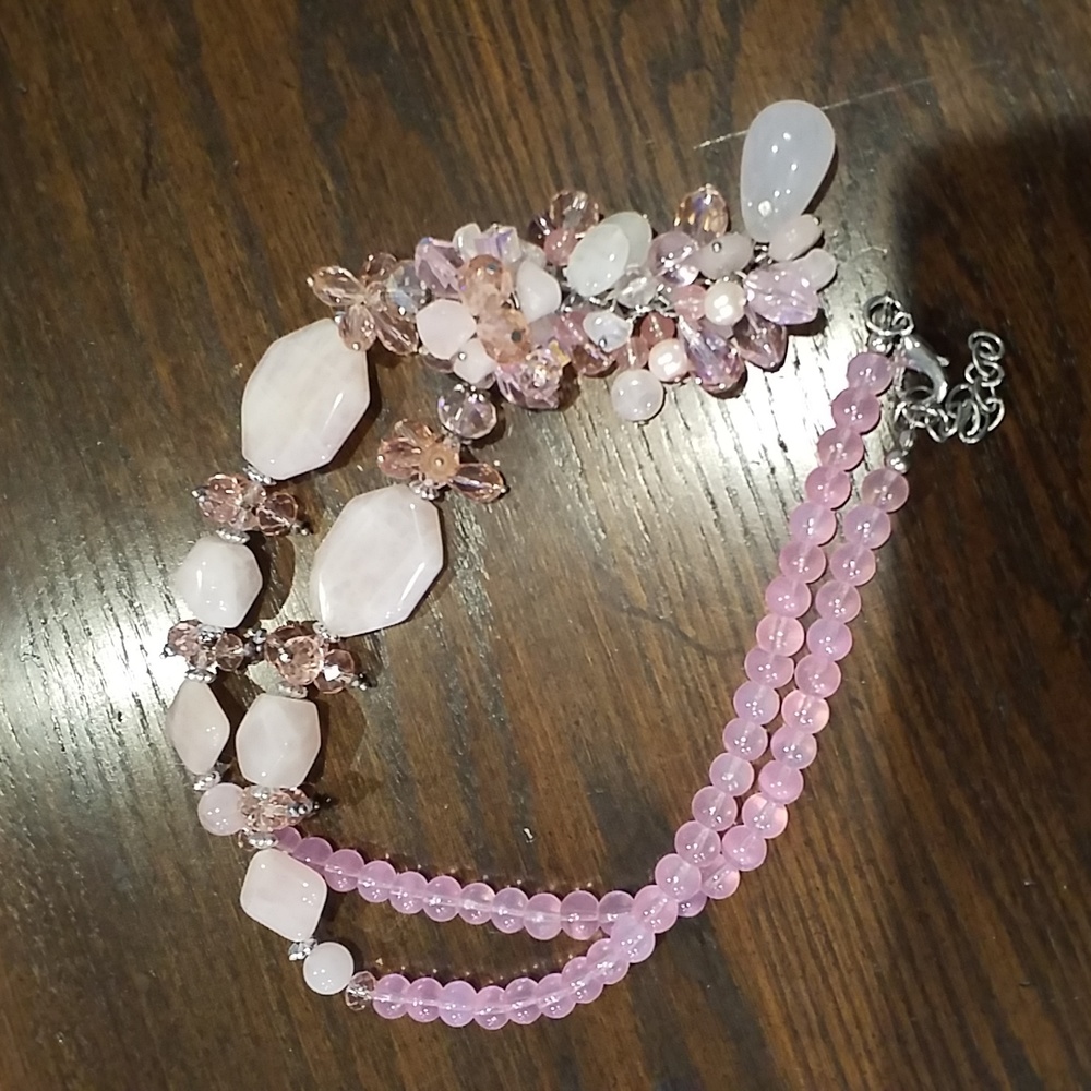 Crystals, Rose Quartz, Glass Beads and Faux Pearls Necklace